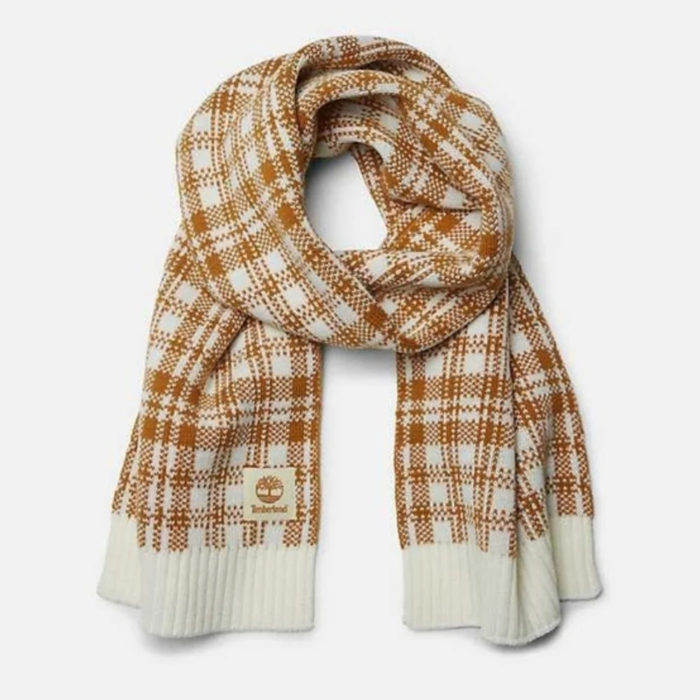 New Timberland Buffalo Plaid Knit Scarf Tan White Warm Winter Cozy Preppy